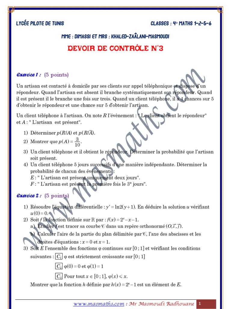 Devoir de Contrôle N°3 (Lycée Pilote de Tunis) - Mathématiques - Bac ...