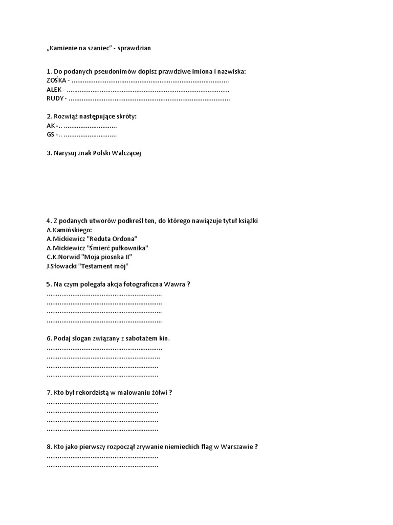 Kamienie Na Szaniec Test Z Odpowiedziami Pdf