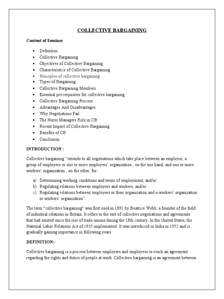 Collective Bargaining Content Of Seminar Pdf Collective Bargaining