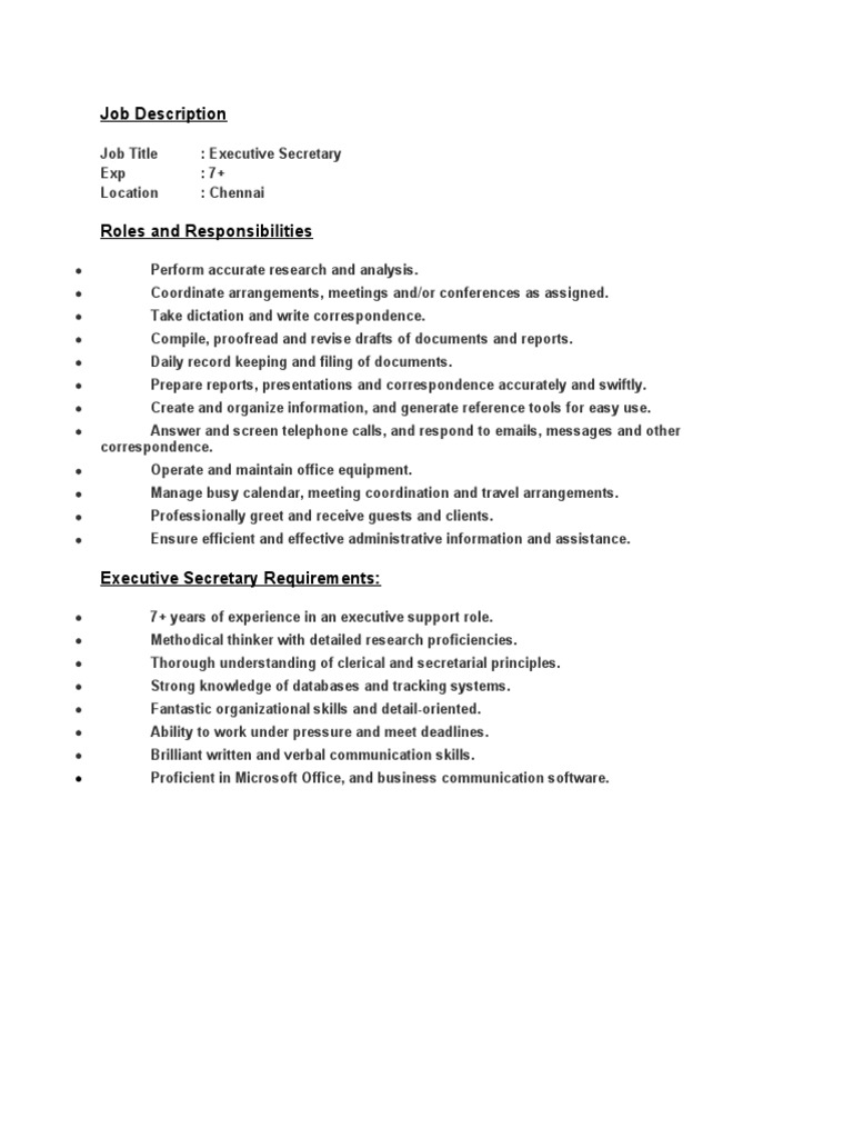 Job Description Executive Secretary PDF