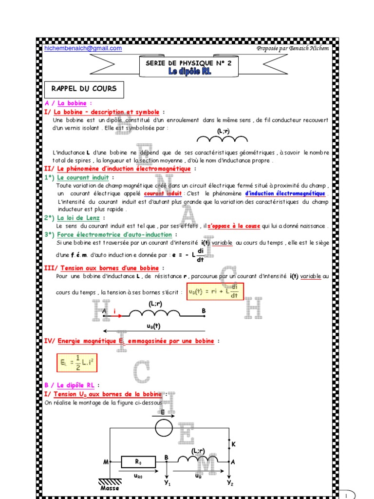 On Alimente Le Dipôle Ad Represente Sur Le Schéma Correction PH2 (Le Dipôle RL) | PDF | Induction électromagnétique | Résistance  (électricité)