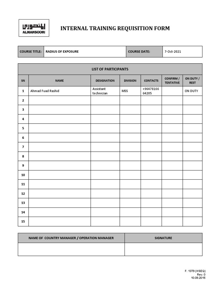 F 1379 Internal Training Requisition Form (RADIUS of EXPOSURE) | PDF