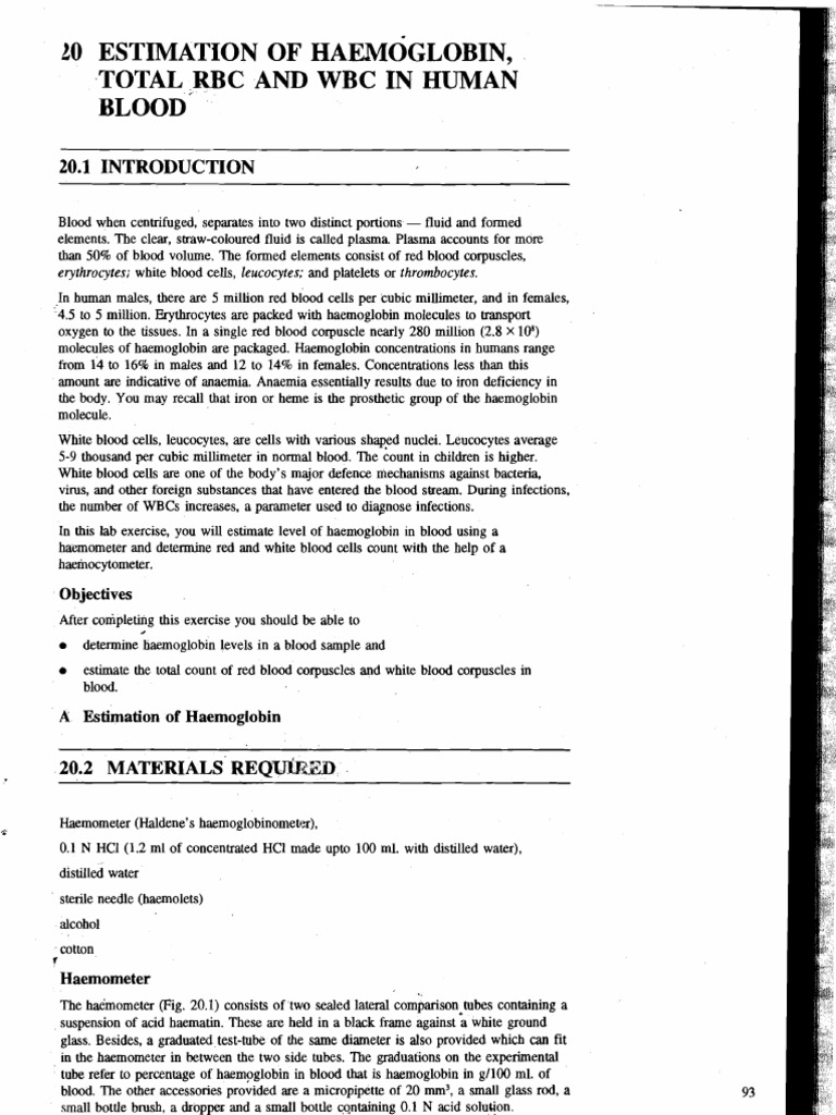 Estimation of Haemoglobin, Total RBC and WBC in Human Blood PDF