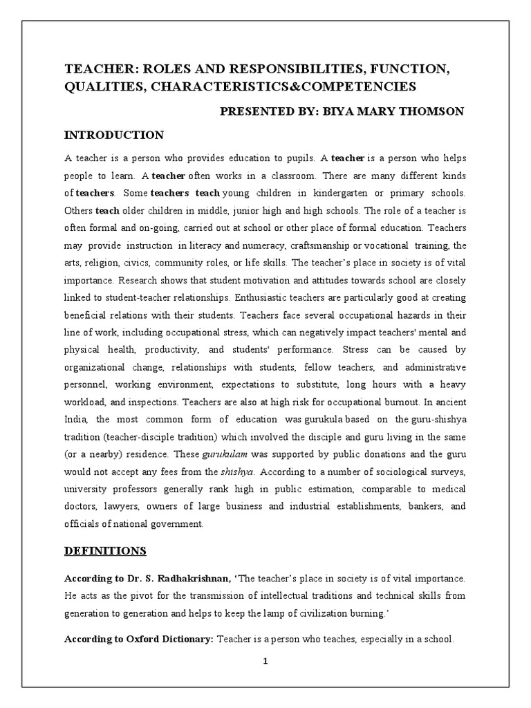 Teacher Roles and Responsibilities Explained | PDF | Teachers | Leadership
