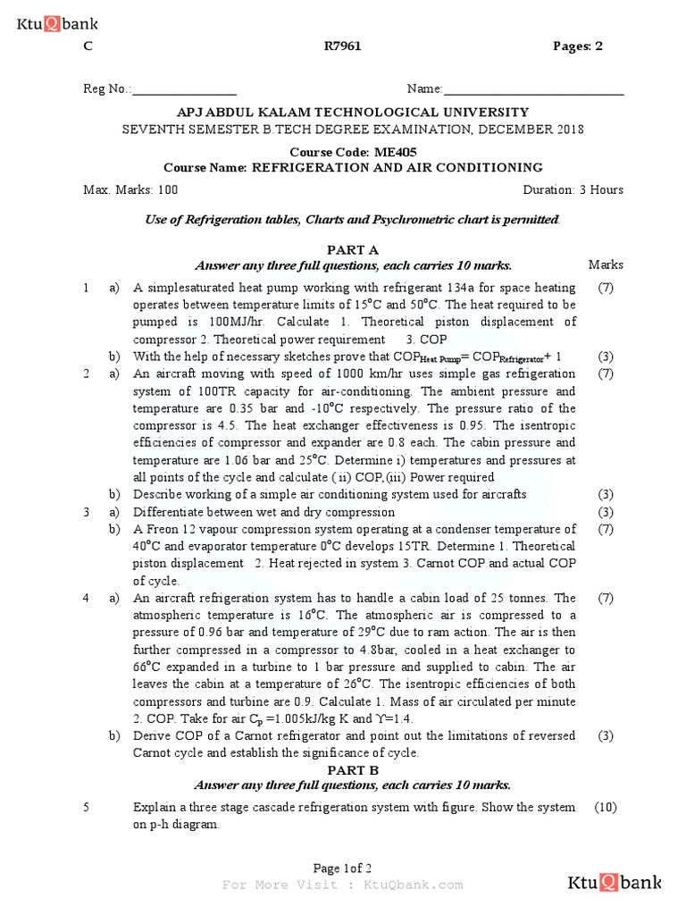 B.Tech Exam: Refrigeration & AC | PDF | Refrigerator | Air Conditioning