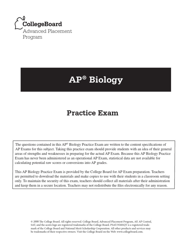 AP Biology Practice Exam PDF Advanced Placement Test (Assessment)