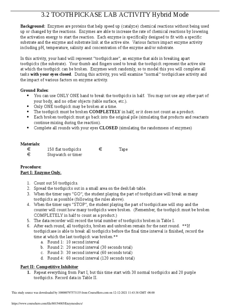 3.2 Toothpickase Lab Activity Hybrid Mode PDF Enzyme Active Site