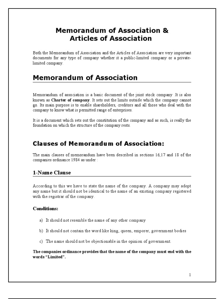 memorandum of association assignment