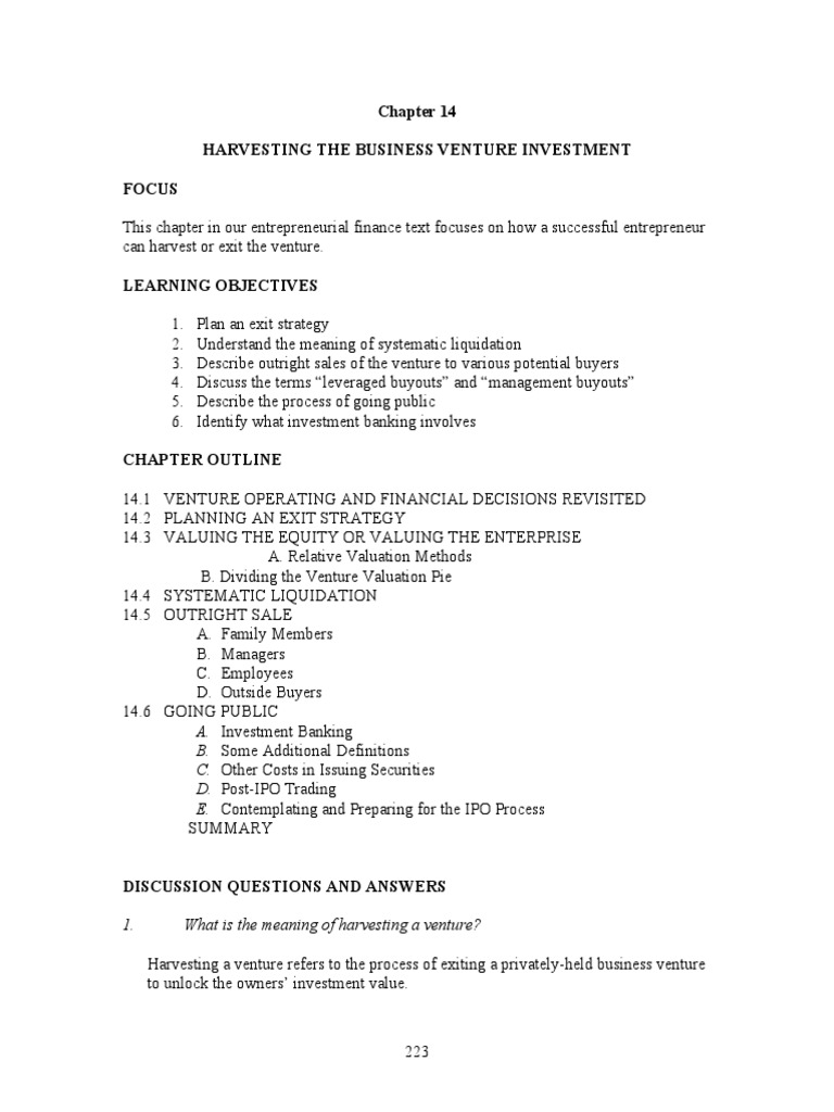 Harvesting The Business Venture Investment Focus PDF Valuation