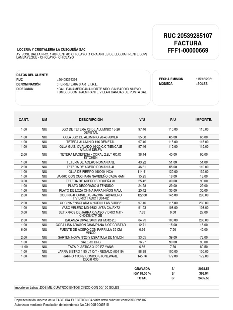 Loceria y Cristaleria La Cusqueña Sac-Factura-Fff1-00000669 | PDF