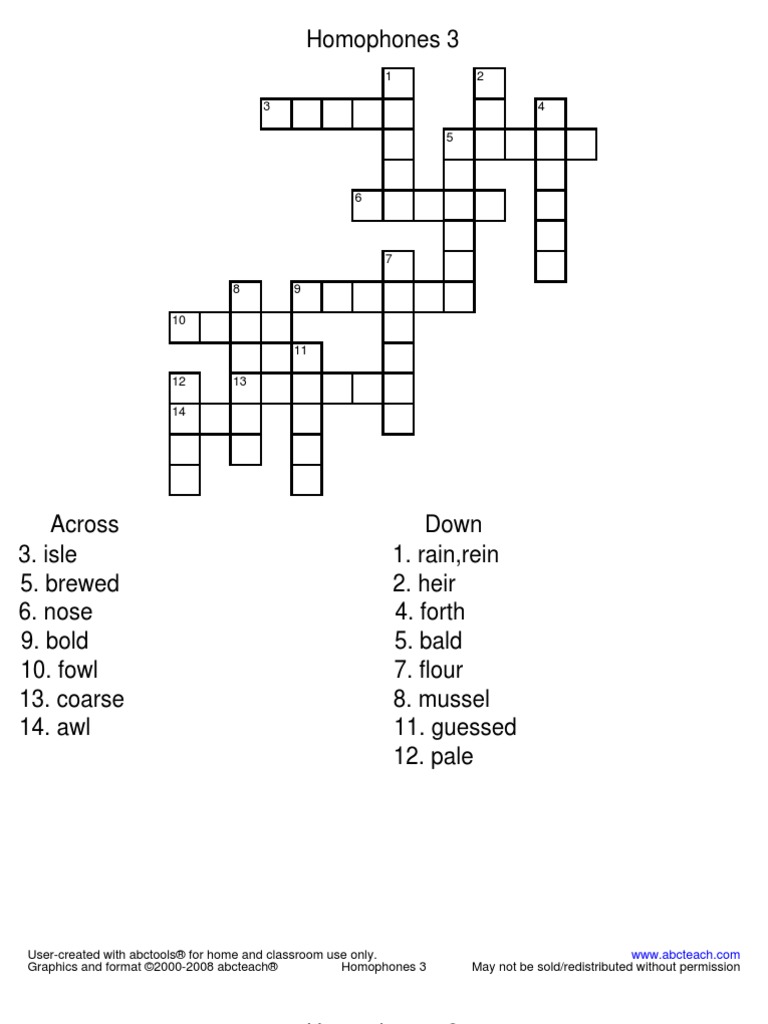 Crossword Homophones 3 | PDF, image size:768x1024