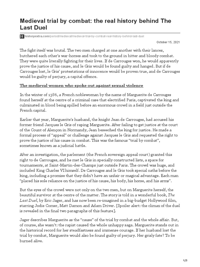 Medieval Trial by Combat The Real History Behind The Last Duel PDF Criminal Law Justice