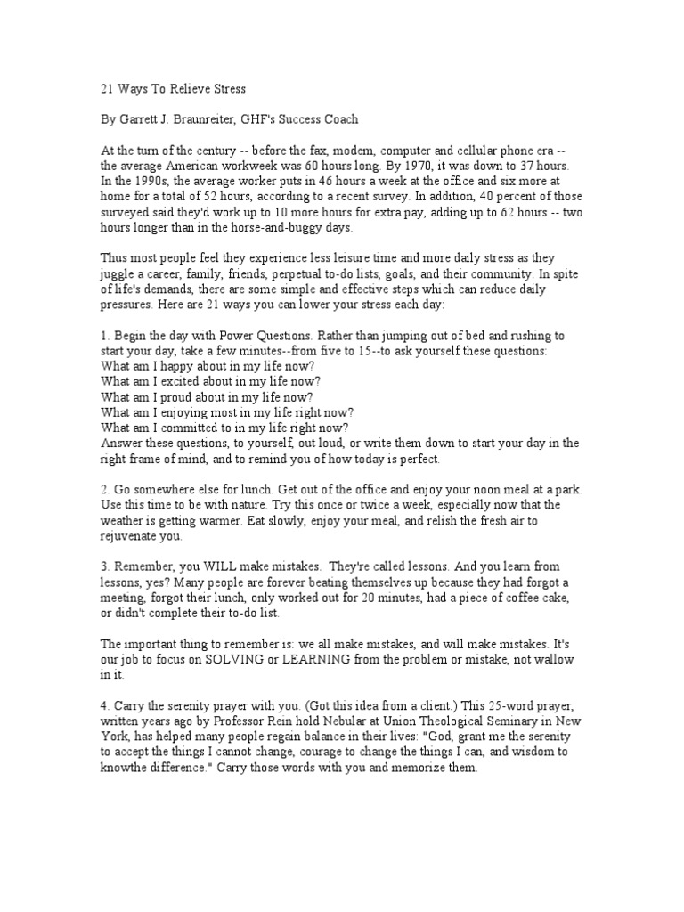 21 Effective Daily Stress Relief Tips | PDF | Anxiety | Behavioural ...