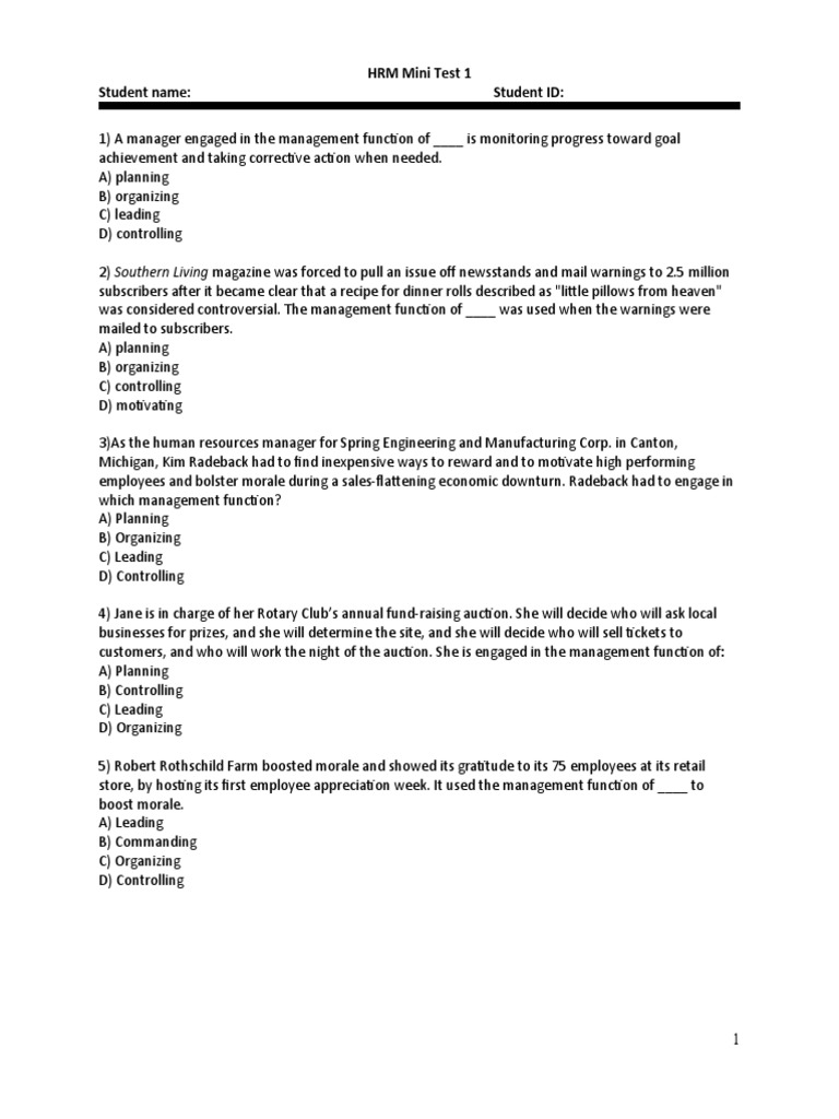 HRM Mini Test 1 Student Name: Student ID | PDF | Human Resource ...
