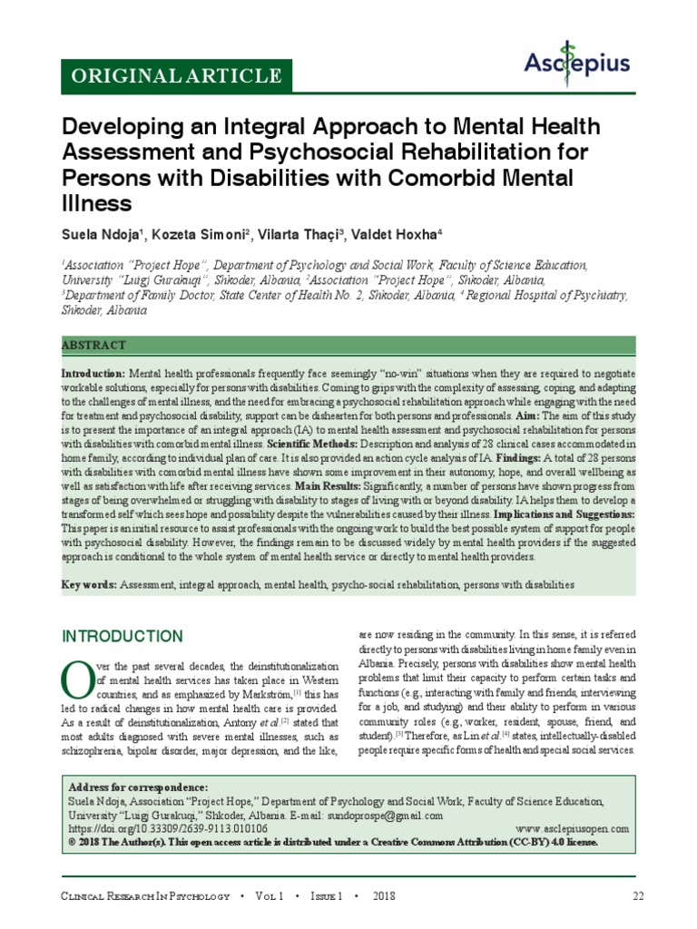 Developing An Integral Approach To Mental Health Assessment and Psychosocial Rehabilitation For