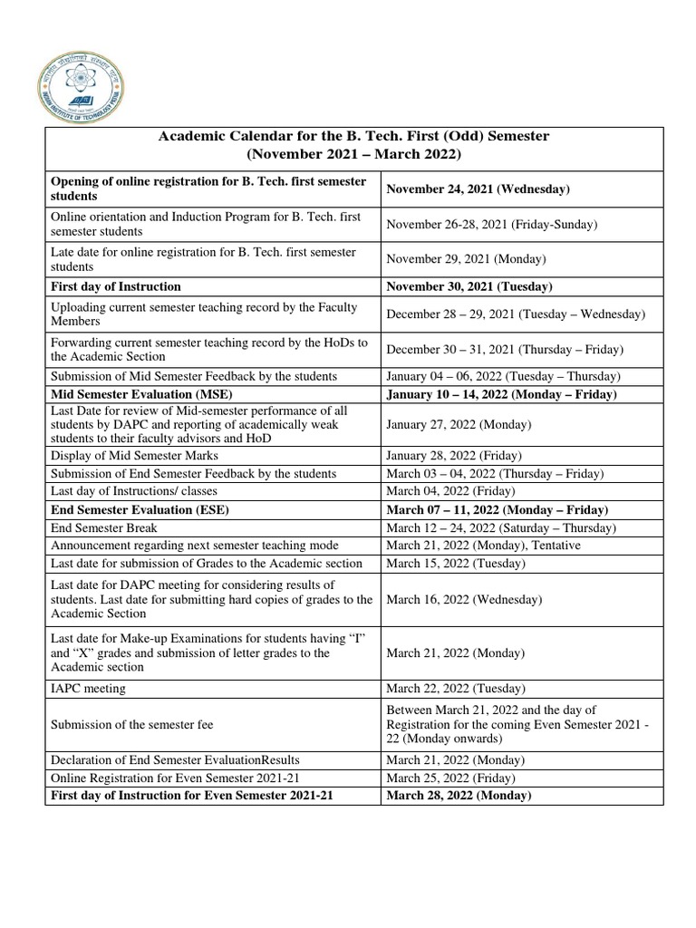 Academic Calender Autumn 2021 2022 Btech Bs PDF Academic Term