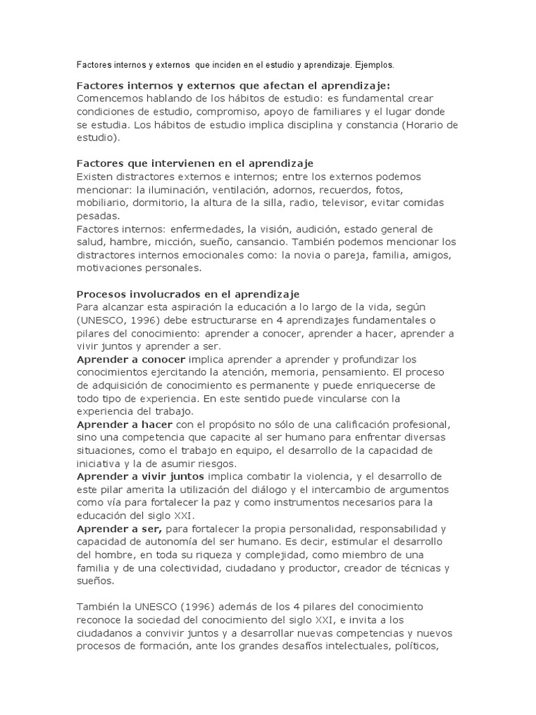 Factores Internos y Externos Que Inciden en El Estudio y Aprendizaje