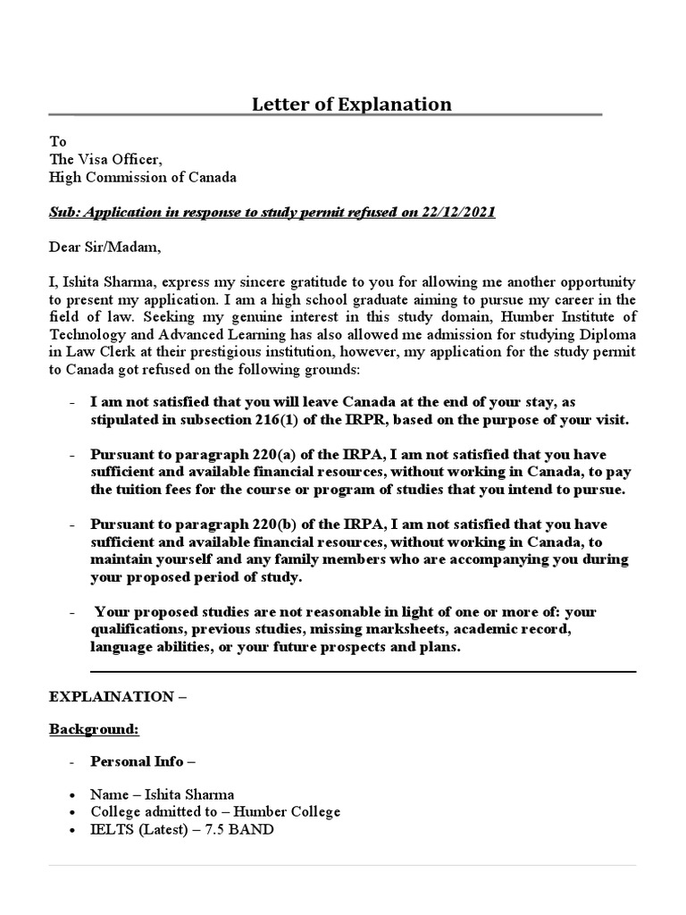 Letter of Explanation LoE Sample | PDF | International English Language ...