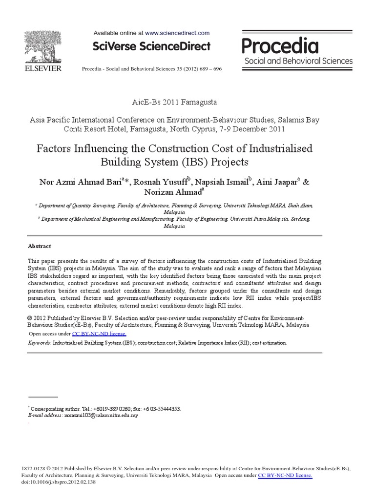 Factors Influencing The Construction Cost of Industrialised Building ...