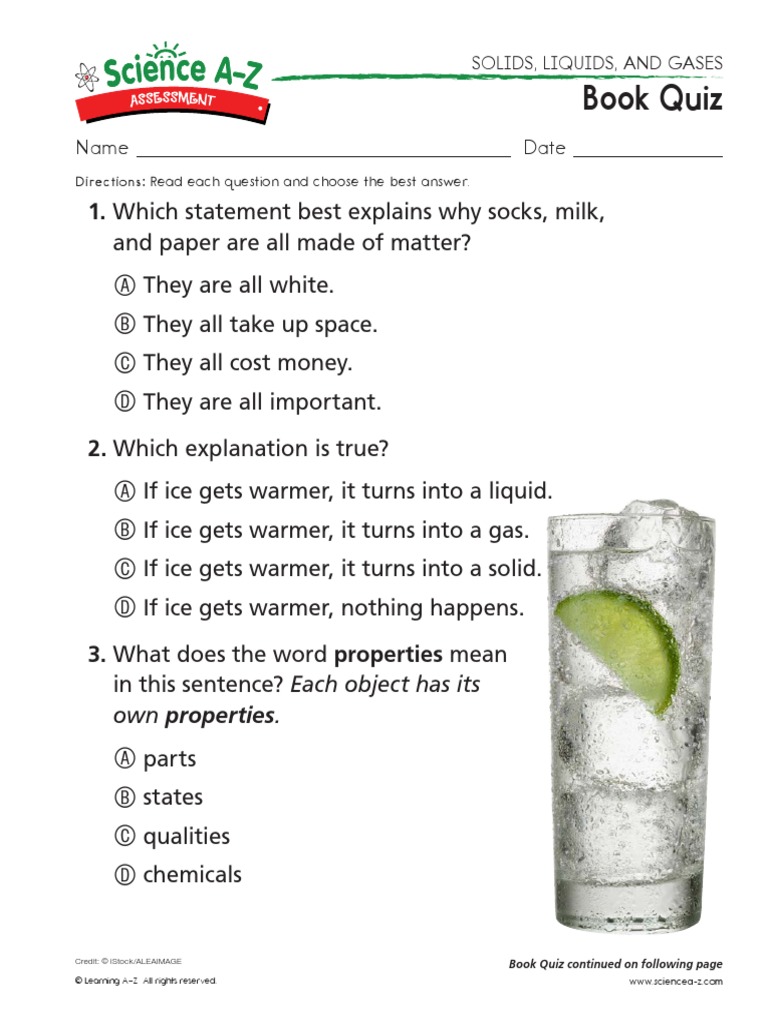 34 Solids Liquids and Gases Quiz Low PDF Liquids Gases