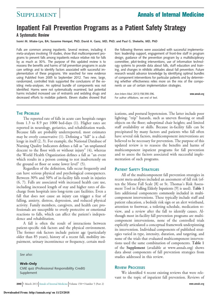 (2012) Inpatient Fall Prevention Programs As A Patient Safety Strategy ...