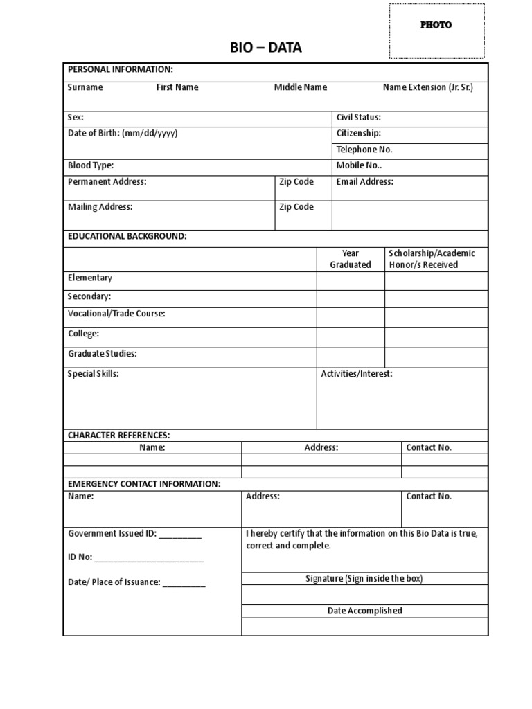Comprehensive Bio Data Template | PDF | Law