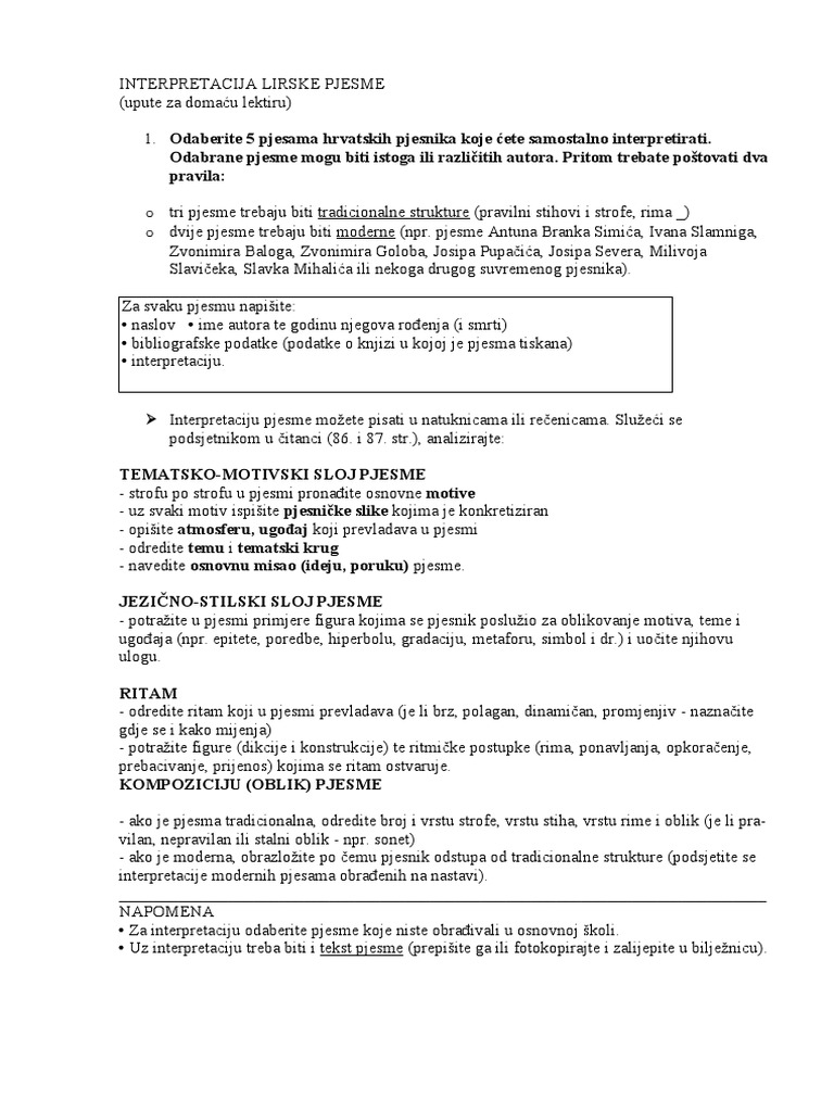 Interpretacija Lirske Pjesme | PDF