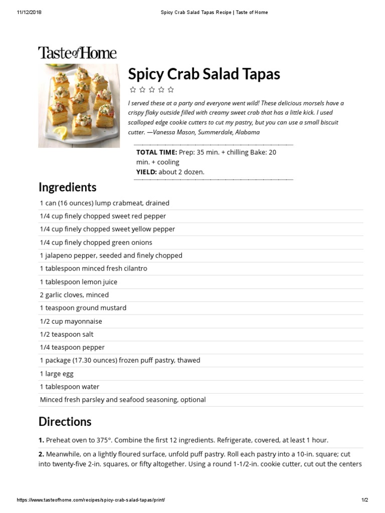 Spicy Crab Salad Tapas Recipe Taste of Home PDF Teaspoon Salad