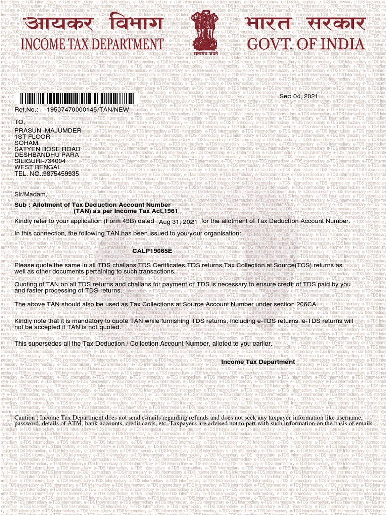 Sub: Allotment of Tax Deduction Account Number (TAN) As Per Income Tax ...