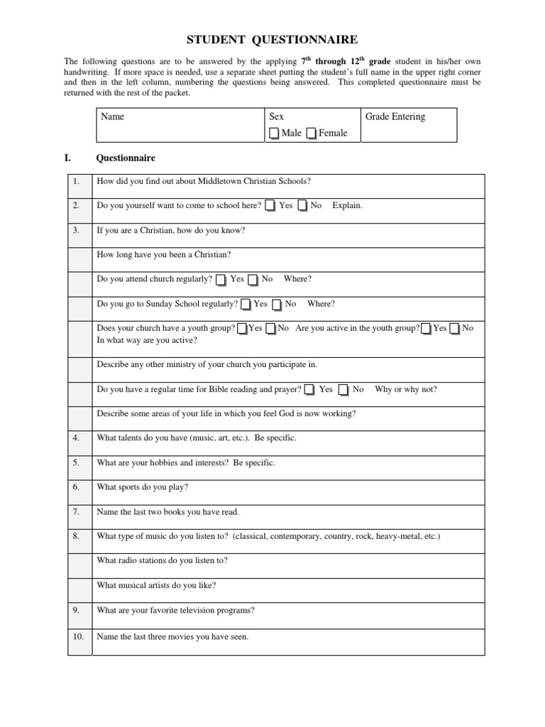 Middletown Christian Schools Student Questionnaire Questionnaire