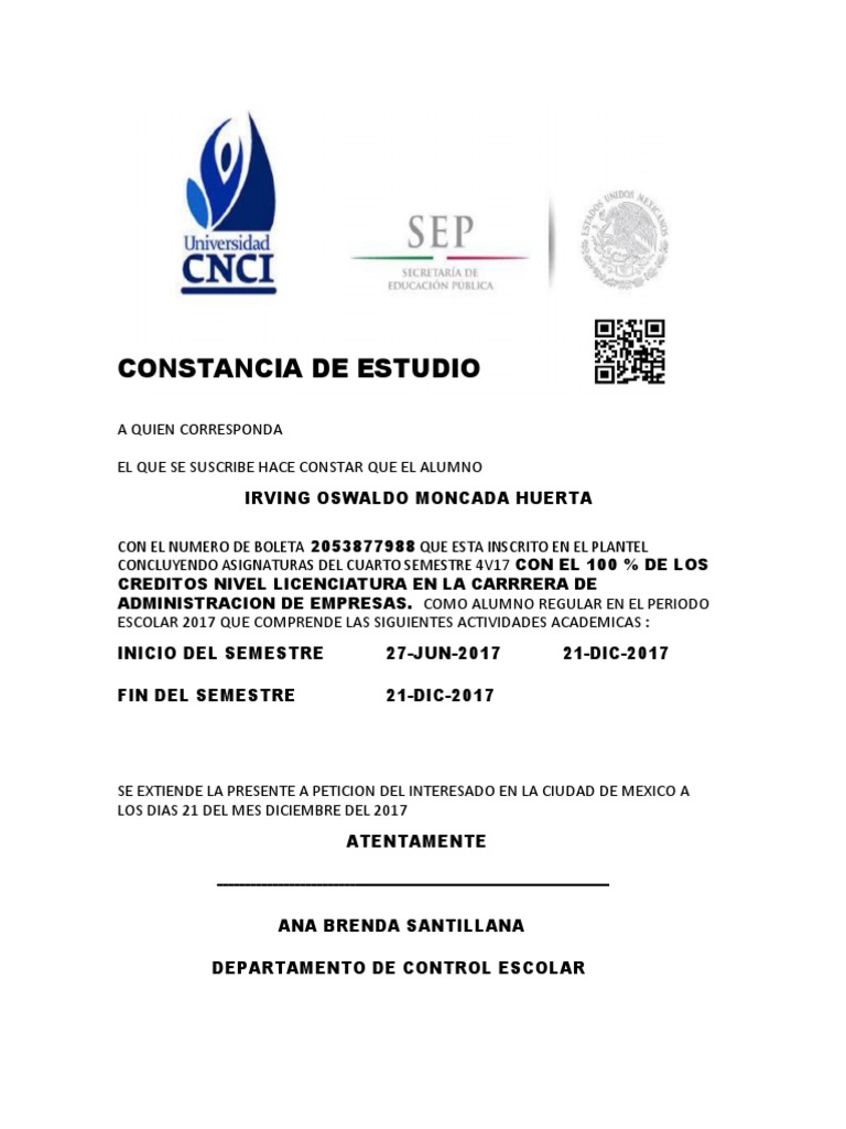 CONSTANCIA DE ESTUDIO Licenciatura | PDF