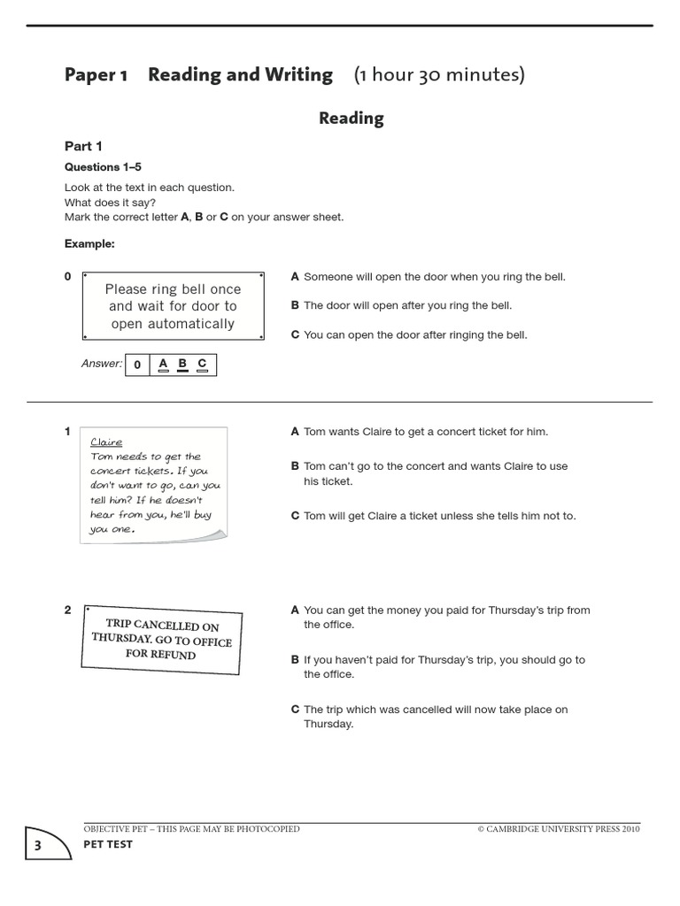 Đề Thi Tiếng Anh PET Đọc Và Viết PET Reading and Writing Test PDF