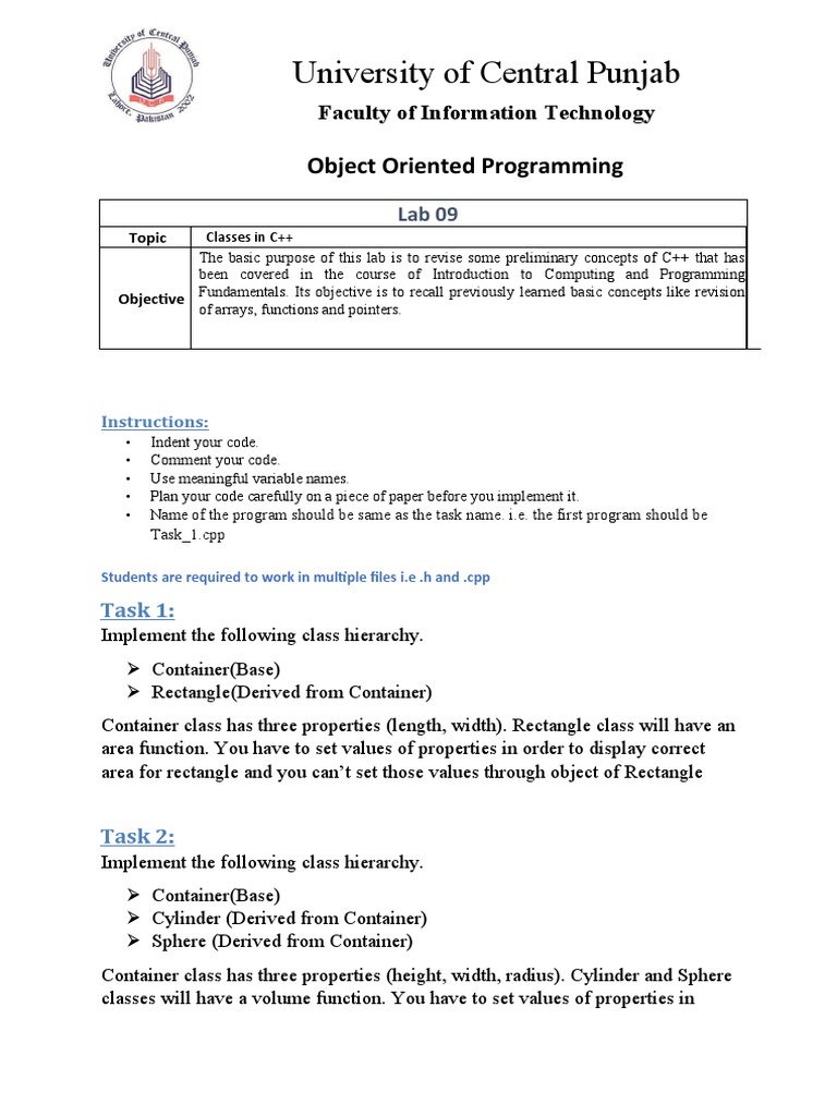 University of Central Punjab: Object Oriented Programming | PDF | Class ...