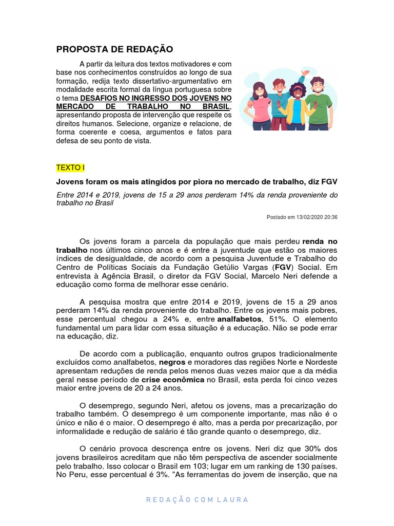 Proposta de Redação - DESAFIOS NO INGRESSO DOS JOVENS NO MERCADO DE ...