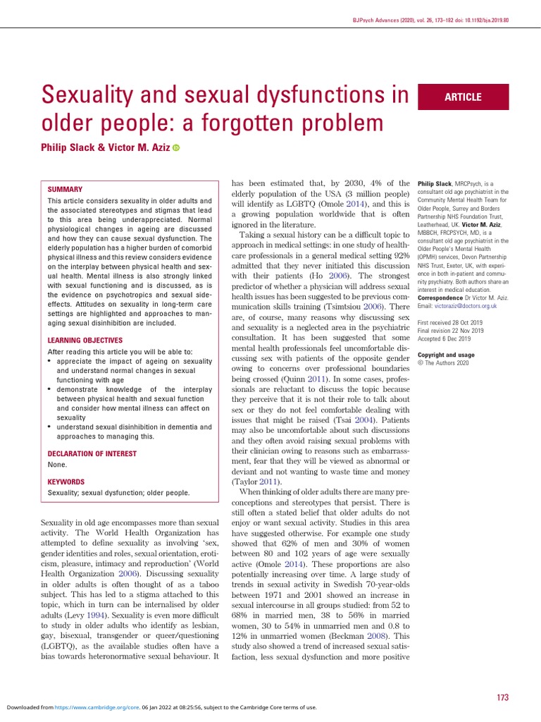 Sexuality and Sexual Dysfunctions in Older People A Forgotten Problem ...