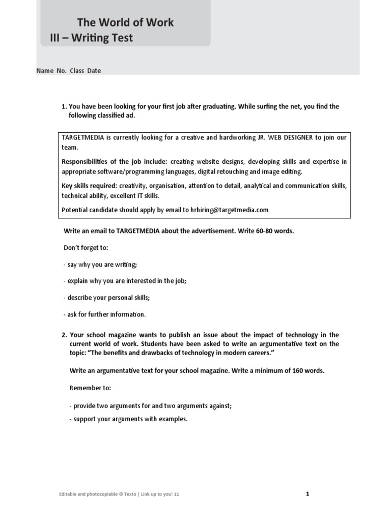 The World of Work III - Writing Test: Name No. Class Date | PDF ...