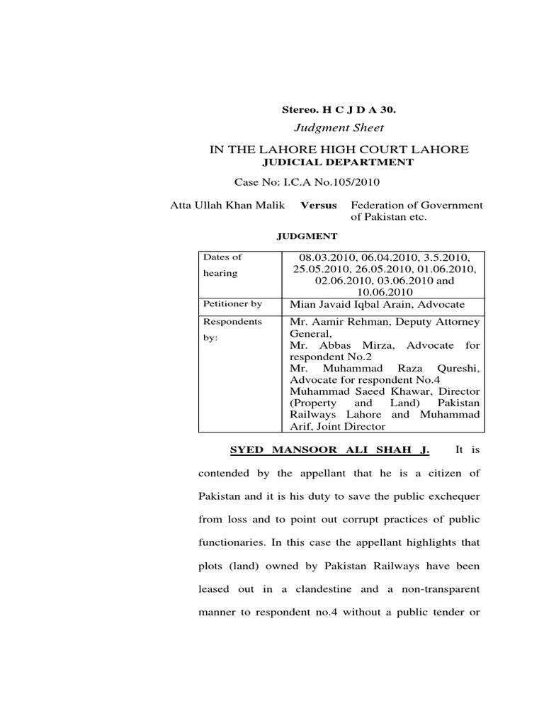 In The Lahore High Court Lahore Judgment Sheet PDF Standing (Law