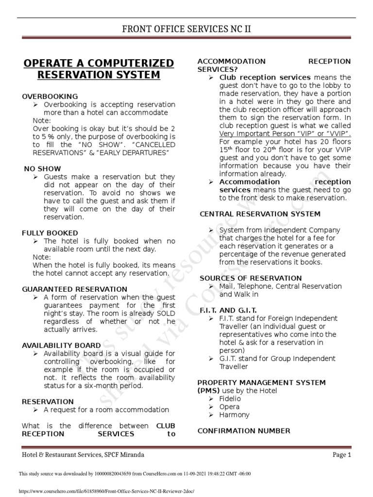 Front Office Services NC II Reviewer 2 PDF Audit Hotel