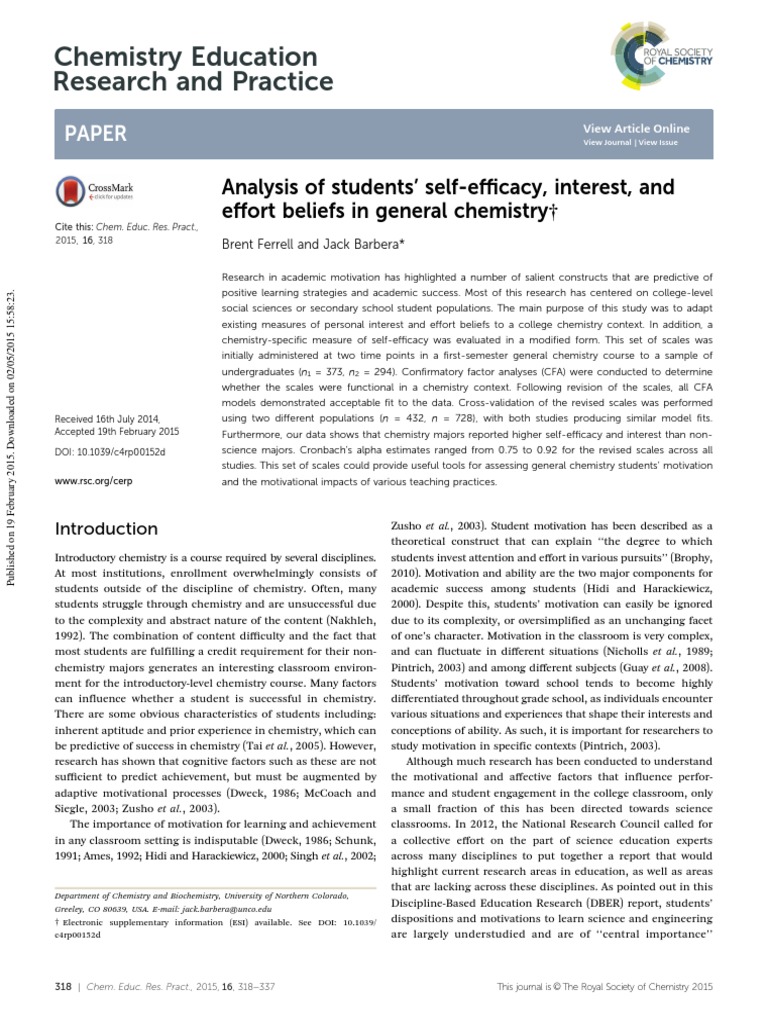 Chemistry Education Research and Practice Paper PDF Self Efficacy