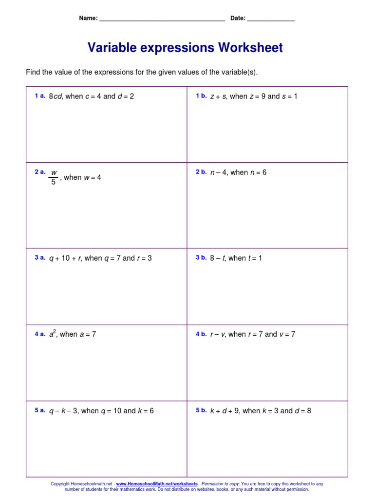 Evaluate Expressions Worksheet | PDF