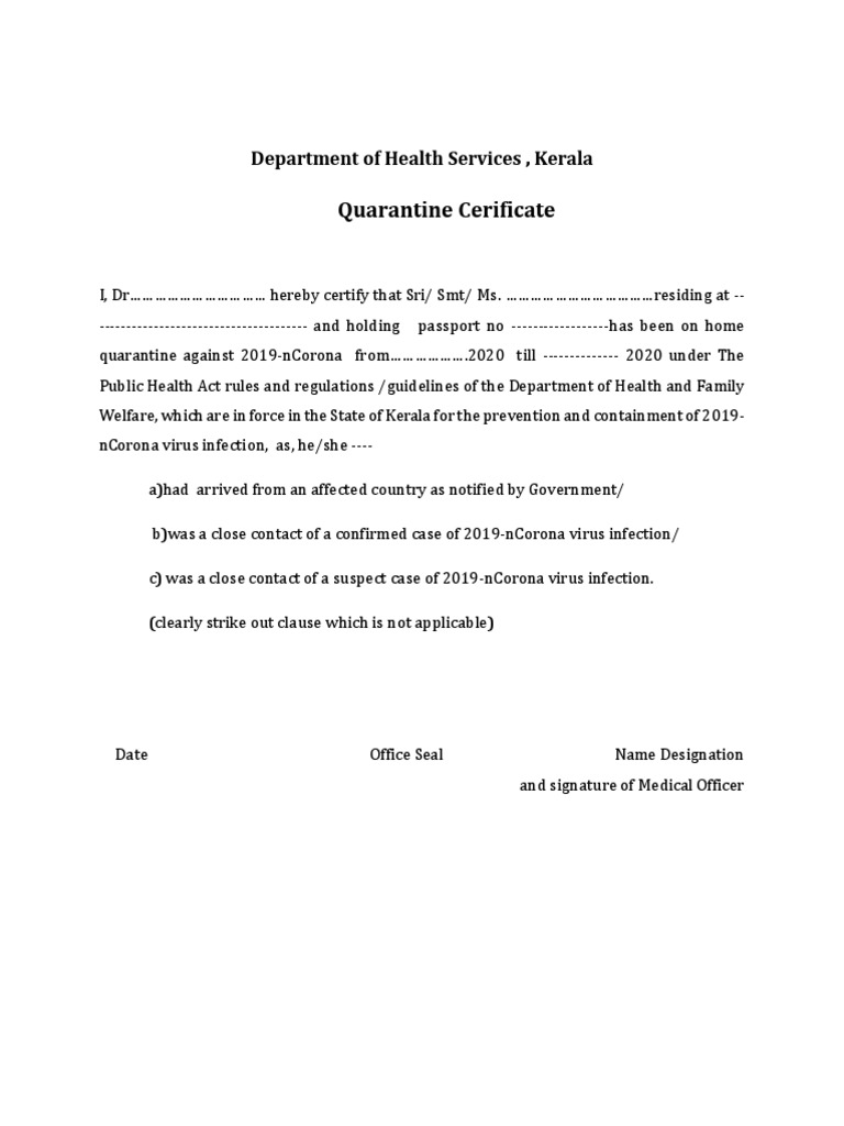 Quarantine Certificate PDF PDF