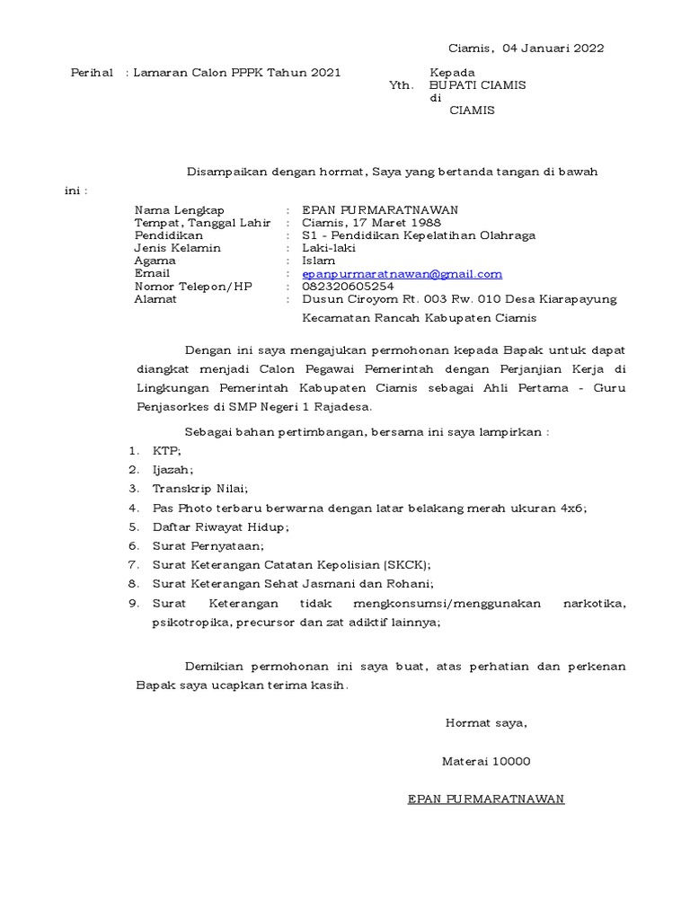 Contoh Surat Lamaran P3K 2021 | PDF