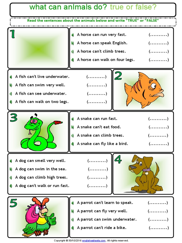 Ability and Inability True or False Esl Exercise Worksheet For Kids ...