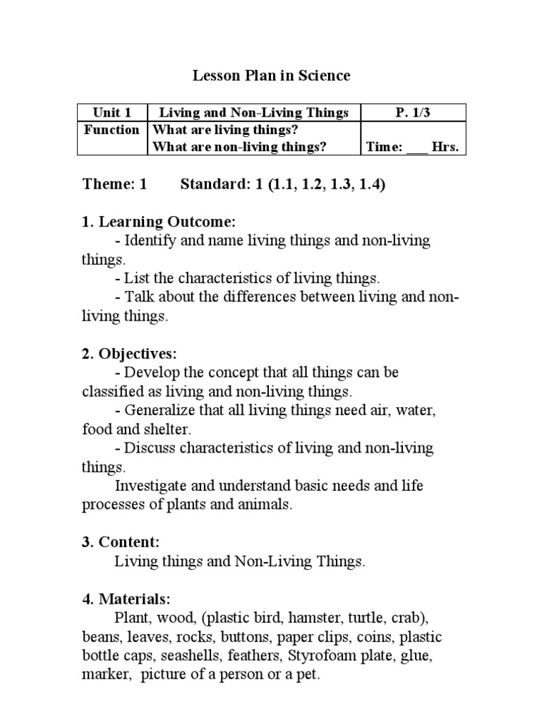 Lesson Plan in Science Grade 1 Unit 1 Life Abstraction