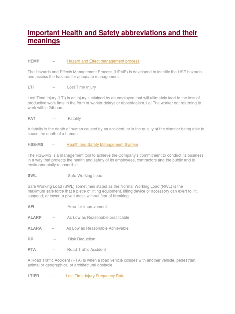 Health and Safety Abbreviations Guide | PDF | Occupational Safety And ...