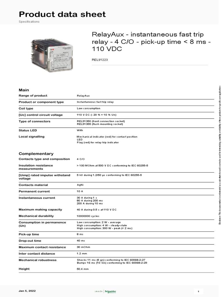 Product Data Sheet Relayaux Instantaneous Fast Trip Relay 4 C/O