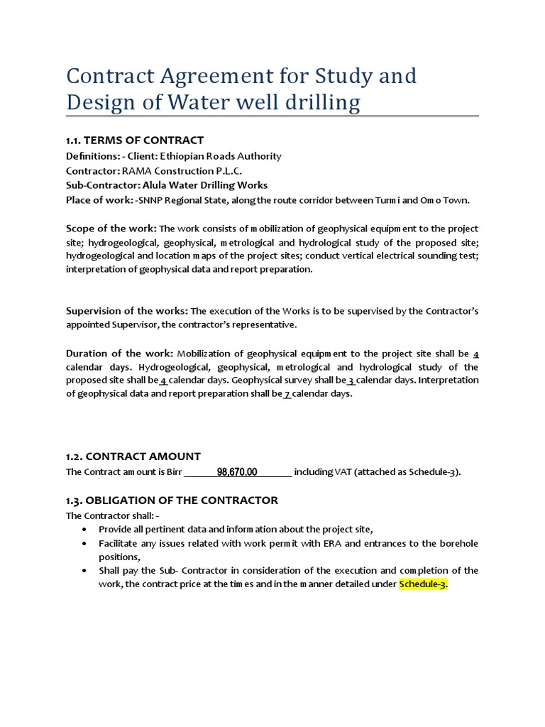 Water Well Drilling Contract Agreement | PDF | Hydrogeology | Oil Well
