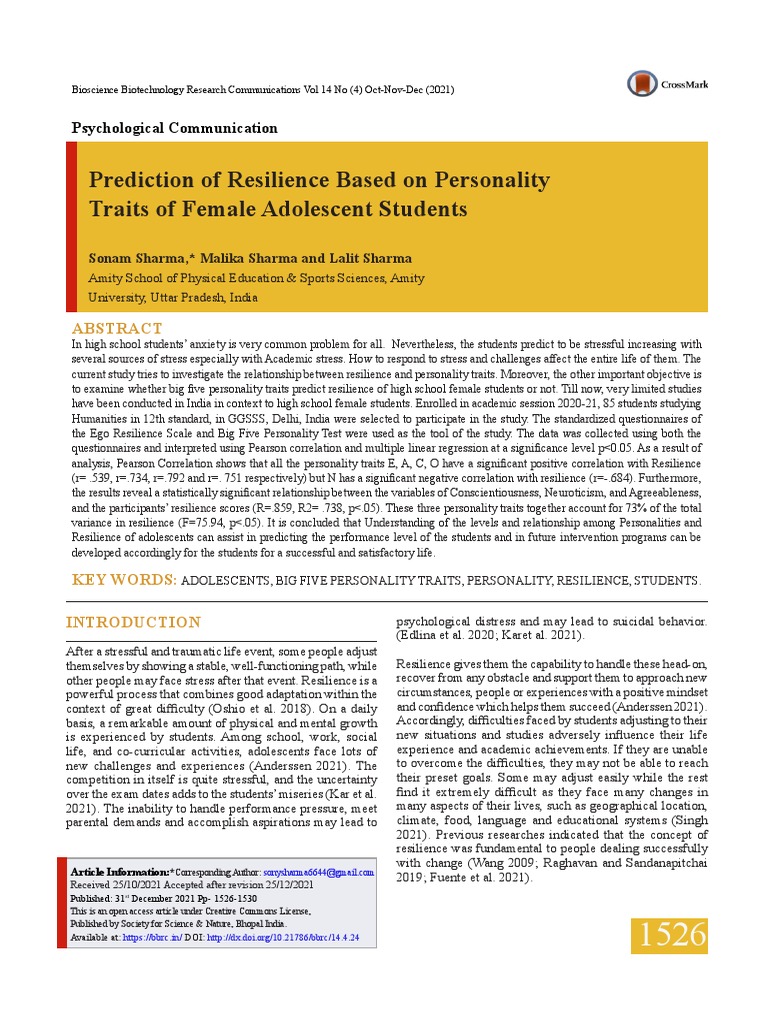 Resilience and Personality in Female Students | PDF | Psychological ...