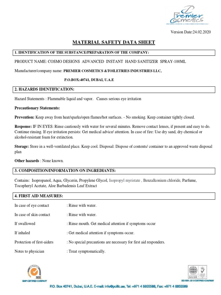 MSDS for Advanced Hand Sanitizer | PDF | Toxicity | Fires