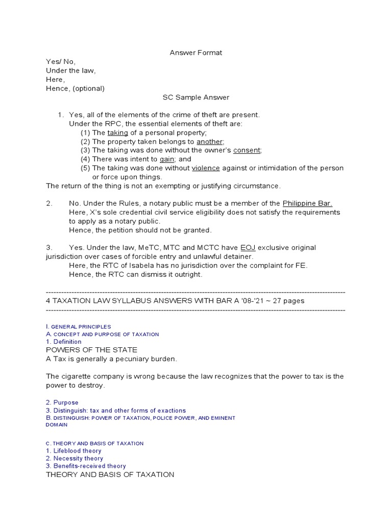 4 Taxation Law Syllabus Answers With Bar A '08-'19 | PDF | Taxes ...